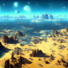 Desert landscape with rocky formations, multiple moons, and spacecrafts