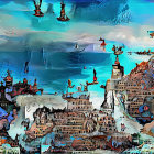 Vibrant painting of whimsical seaside town with ships under dynamic sky