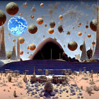 Surreal desert landscape with floating spheres, alien structures, and cave entrance