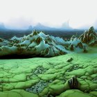 Alien landscape with jagged mountains, ice field, and green vegetation