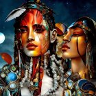 Stylized futuristic female figures with ornate headpieces and makeup in cosmic setting