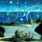 Vivid starry night landscape with celestial designs, lake, rocks, and castles