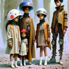 Five children in worn astronaut attire against drab backdrop