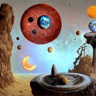 Surreal cosmic landscape with rocky formations and multiple planets in the sky