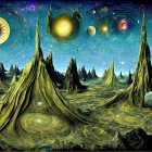 Surreal landscape with spire-like mountains under cosmic sky in gold and blue tones