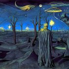 Stylized nocturnal scene with cloaked figures under starry sky