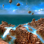 Surreal landscape with mushroom-covered cliffs and floating islands