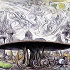 Detailed Abstract Panoramic Artwork: Swirls, Flowing Lines, Whimsical Shapes