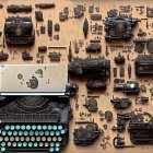 Vintage Typewriters and Parts Displayed on Decorative Board