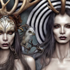 Stylized female figures with intricate headpieces and surrealistic makeup