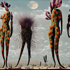 Surreal desert landscape with stylized cacti and colorful flowers