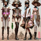 Stylized female characters in intricate steampunk attire with metallic and floral elements