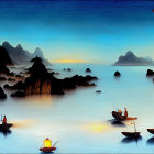 Serene sea with small boats, mountains, lantern-lit twilight sky