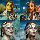 Detailed female faces with elaborate headpieces in celestial landscapes.