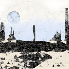 Panoramic drawing of dystopian futuristic city with dark towers and geometric structures