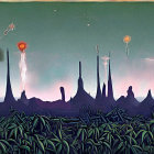 Panoramic alien cityscape with dark spires and twilight sky