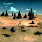 Surreal landscape with towering rock spires and blue orbs