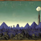 Fantastical landscape painting of spire-like mountains under a starry sky