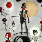 Surreal robotic figures and red objects under pale moon.