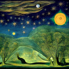 Colorful painting of starry sky, stylized eye, celestial bodies, green hills.