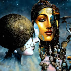 Woman's face digital artwork with cosmic and mechanical elements