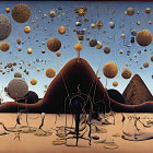 Panoramic fantasy landscape with surreal celestial objects above desert-like terrain