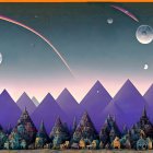 Panoramic alien cityscape with purple mountains, moons, spacecraft, and starry sky