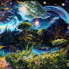 Colorful painting of magical nighttime landscape with starry sky, shooting star, flora, and serene lake