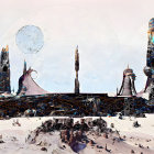 Panoramic dystopian cityscape painting with futuristic, decayed buildings in snowy environment