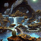 Fantastical landscape with rock formations, waterfalls, celestial bodies, and surreal architecture.