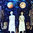 Four female figures with celestial heads in white dresses against starry backdrop