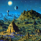 Fantastical landscape with floating islands and cosmic moons