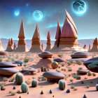 Surreal desert landscape with towering spires and two moons