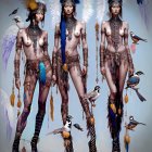 Three illustrations of a woman with feathers and beads, birds, tribal/fantasy theme