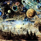 Surrealist space scene with celestial bodies and swirling galaxies