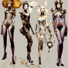 Four futuristic female figures in avant-garde gold armor posed against neutral background