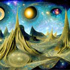 Surreal cosmic landscape with golden swirls under star-filled sky