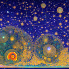 Ornate cosmic panorama with circular gears and celestial bodies