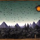 Surreal landscape with pyramids, tower, sun, and creatures in silhouette