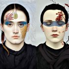 Four individuals with intricate face paint and braided hair against a grey backdrop showcasing traditional patterns and modern art