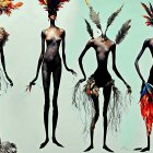 Colorful feathered human-like figures with bird-like features in surreal designs