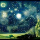 Fantasy landscape with celestial bodies, glowing orbs, and starry sky above undulating hills