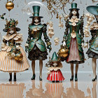 Victorian-style dolls in ornate costumes and hats against decorative backdrop