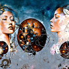 Stylized female faces with metallic adornments on cosmic background