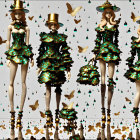 Mannequins in Christmas tree dresses with golden hats, butterflies, and decorations.