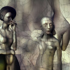 Surreal humanoid figures with metallic skin and abstract features