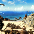 Futuristic beach scene with golden temples, airships, and blue ocean