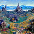 Surreal alien landscape with colorful flora and mysterious orbs