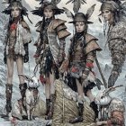 Four women in tribal attire with feathered headpieces in wintry scene with white rabbits