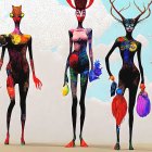 Vibrant body paint and nature accessories on three figures